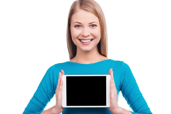 Young woman holding digital tablet — Stock Photo, Image