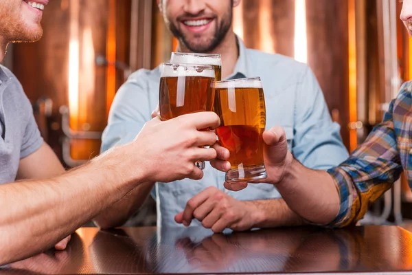 Jovens brindam com cerveja no pub — Fotografia de Stock