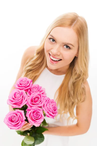 Blond hair woman holding bouquet — Stock Photo, Image
