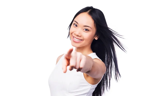 Asiática mujer apuntando a cámara — Foto de Stock