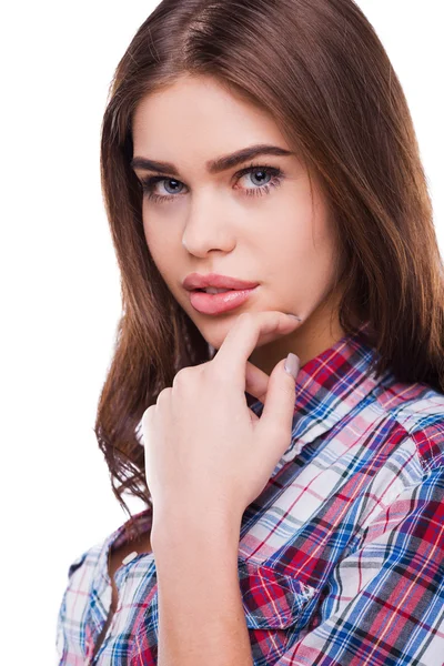 Woman holding hand on chin — Stock Photo, Image