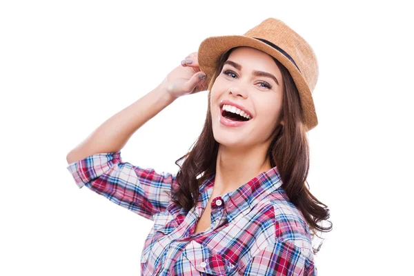 Funky mujer ajustando sombrero —  Fotos de Stock