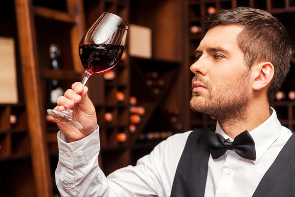 Sommelier examinando vidro com vinho — Fotografia de Stock
