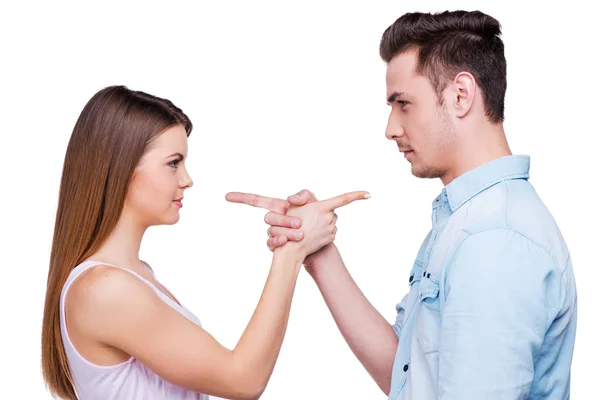 Loving couple pointing each other — Stock Photo, Image