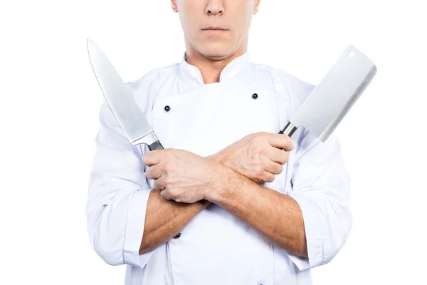 Mature chef  holding knifes — Stock Photo, Image