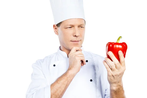 Chef holding red pepper — Stock Photo, Image