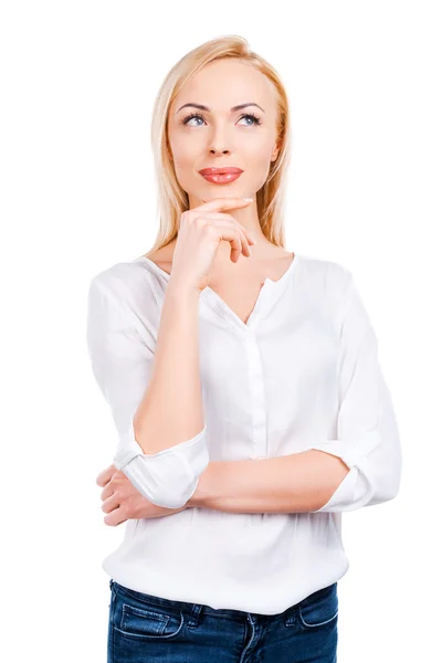 Thoughtful woman holding hand on chin — Stock Photo, Image