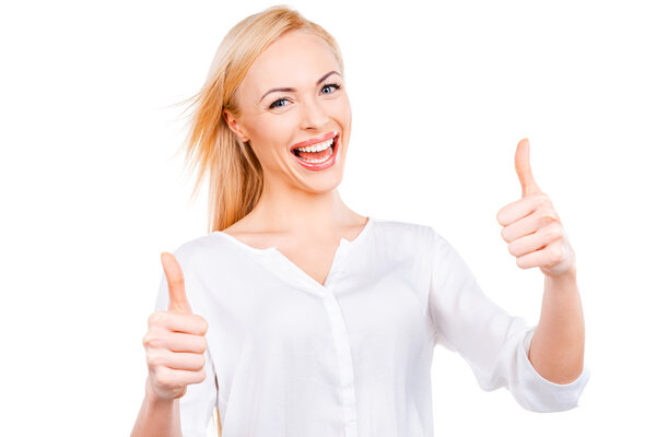 Woman showing her thumbs up