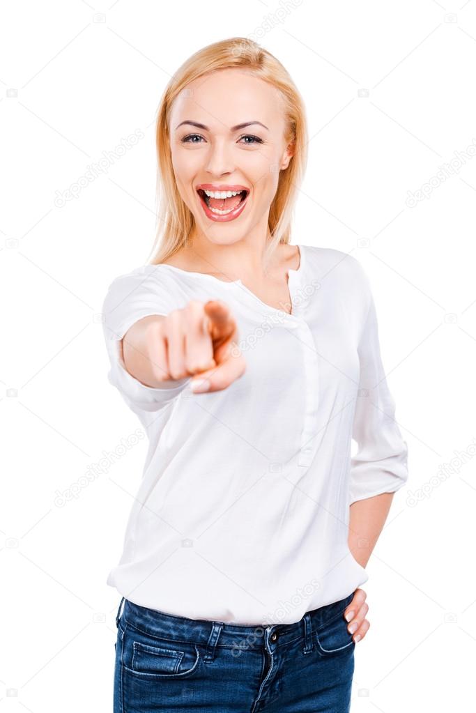 Confident mature woman pointing you