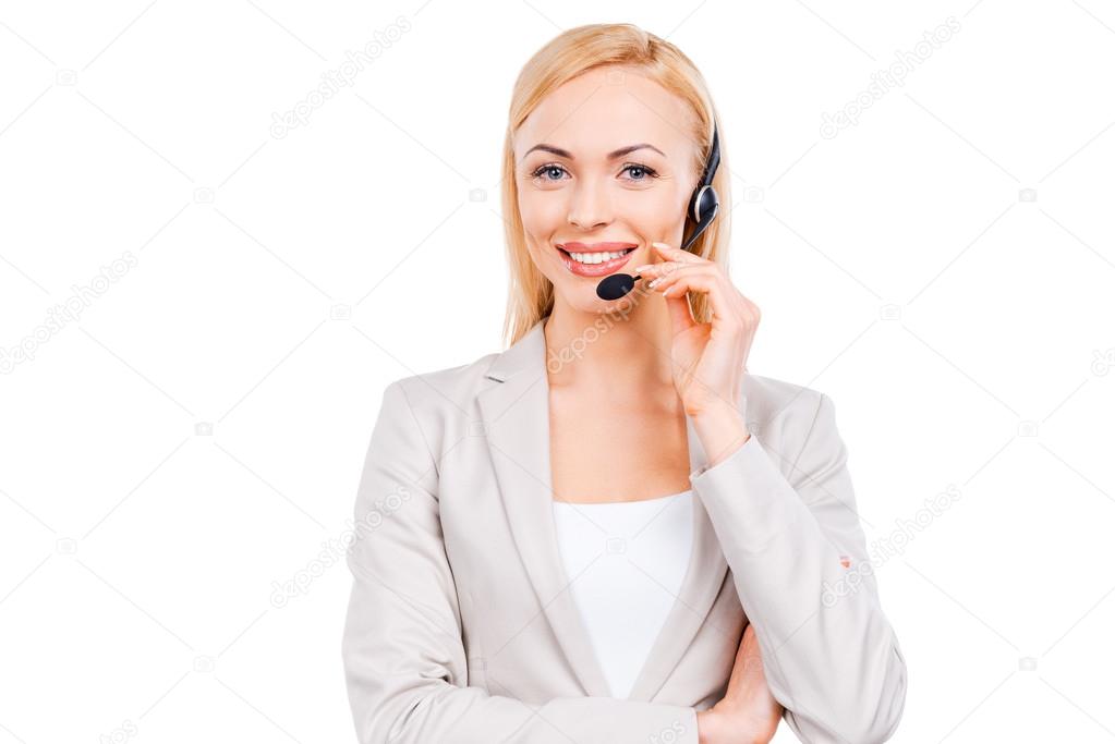 Customer service representative adjusting her headset