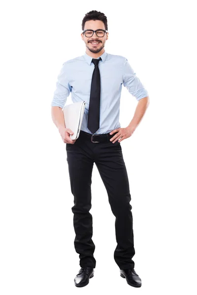 Man in shirt and tie holding laptop — Stock Photo, Image