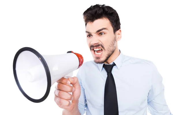 Furious man in shirt  holding megaphone — Stock Photo, Image