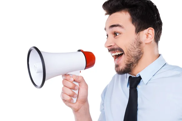 Man in shirt and tie holding megaphone — Stock Photo, Image