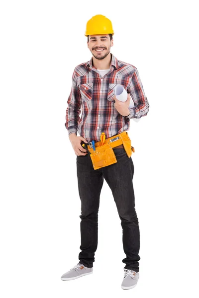 Carpenter in hardhat holding blueprint — Stock Photo, Image