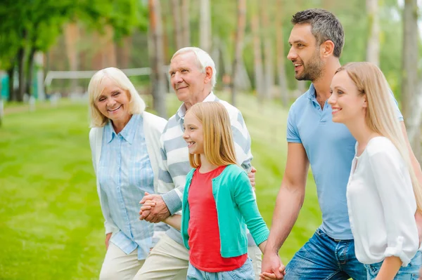 Familia cogida de la mano mientras camina — Foto de Stock