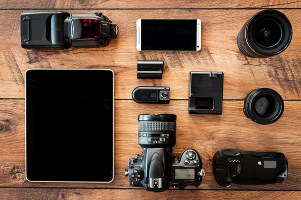 Diverse personal equipment for photographer — Stock Photo, Image