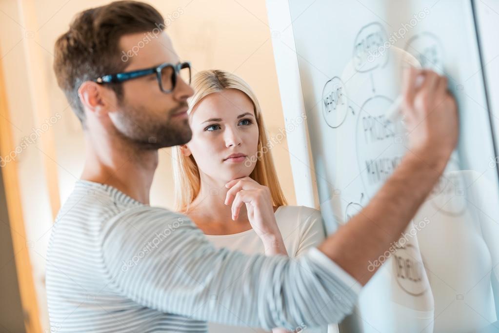 Man sketching on whiteboard with woman — Stock Photo © gstockstudio