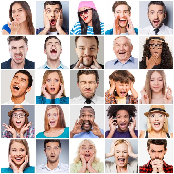 Collage di persone che esprimono emozioni diverse — Foto Stock