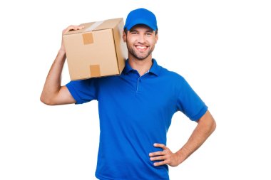courier carrying cardboard box on shoulder clipart