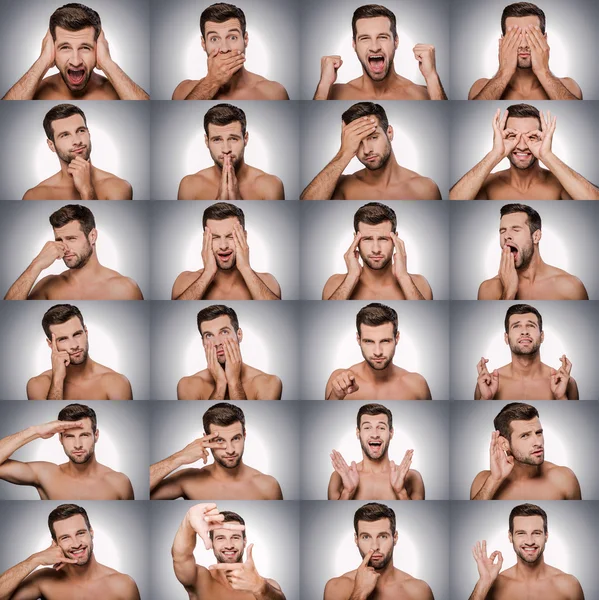 Collage of man expressing diverse emotions — Stock Photo, Image