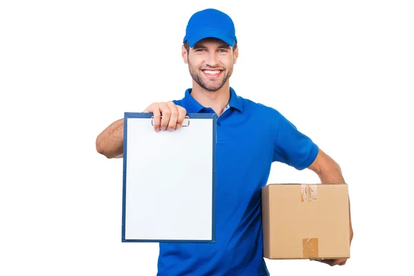 Courier stretching out clipboard — Stock Photo, Image