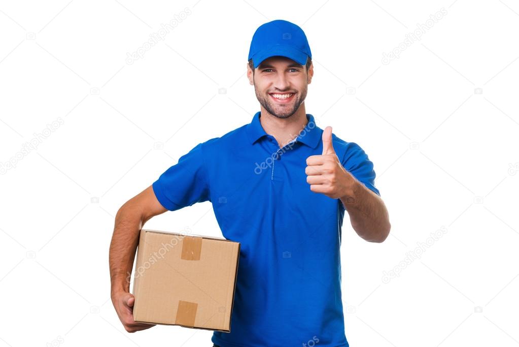 courier holding box and showing thumb up
