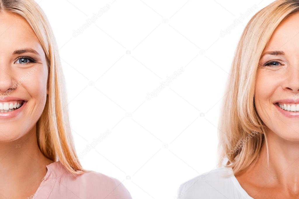 Half full faces of daughter and mother