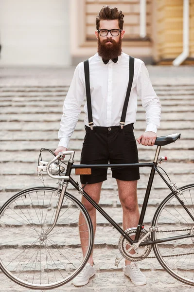 Handsome Hipster with bicycle — Stock Photo, Image