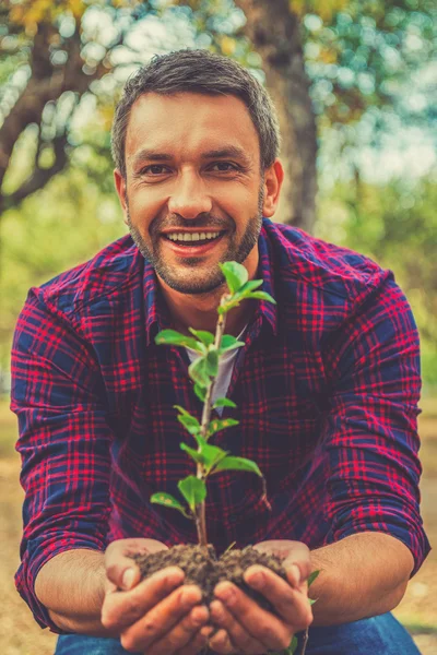 Mann streckt Pflanze in die Erde — Stockfoto