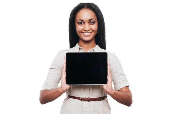 African woman showing her digital tablet — Stock Photo, Image