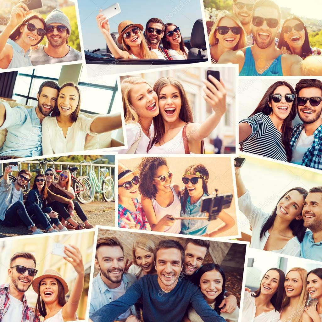 Collage of  people making selfie