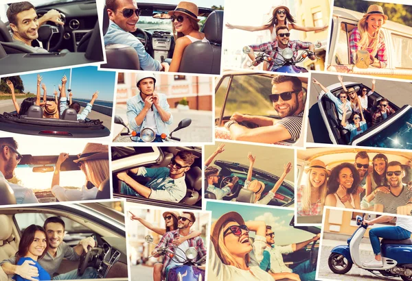 Collage von jungen Menschen im Auto — Stockfoto