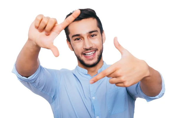 Indiano uomo gesturing dito telaio — Foto Stock