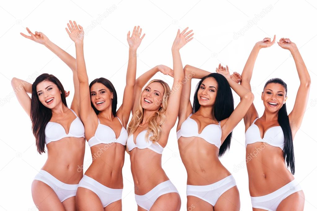 Women in lingerie keeping arms raised