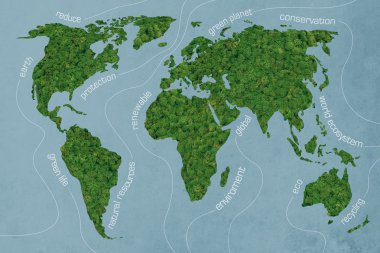image of moss textured world map at the blue background