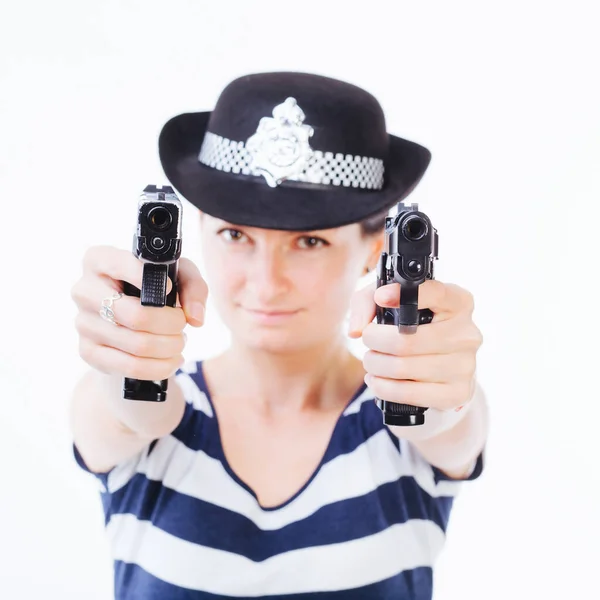 Jovencita Jugando Papel Mujer Policía Sosteniendo Armas Sus Manos —  Fotos de Stock
