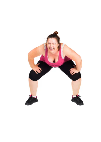 Estúdio Pose Uma Mulher Gorda Divertindo Rindo Fazer Alguns Exercícios — Fotografia de Stock