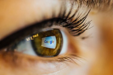 Bükreş, Romanya - 18 Haziran 2016: Google 'ın logosunun yansıttığı kahverengi bir göz küresinin illüstrasyon yazısı .
