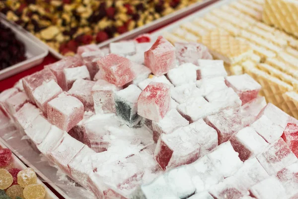 Focus Pose Turkish Delight Standing Table Surronded Many Cookies — Stock Photo, Image