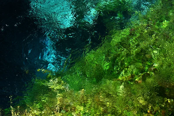 Mavi Göz (su kaynağı) açık mavi su yaz manzaralı (Arnavutluk 'un Vlore İlçesi' nde Muzine yakınlarında))