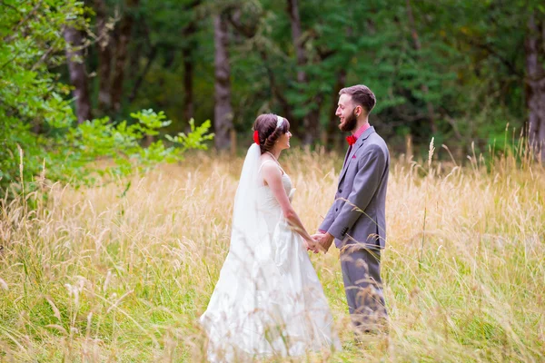 Bride and Groom in Field — Stock Photo, Image