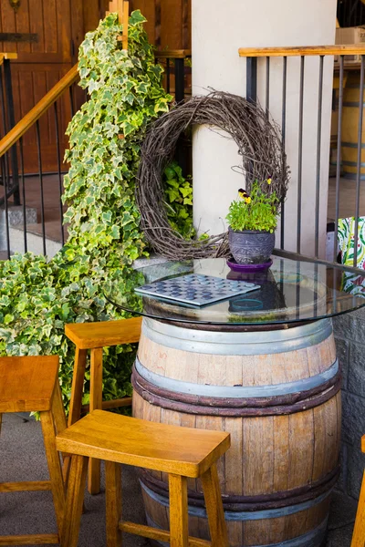 Checkers Game on Wine Barrel Table — Stock Photo, Image