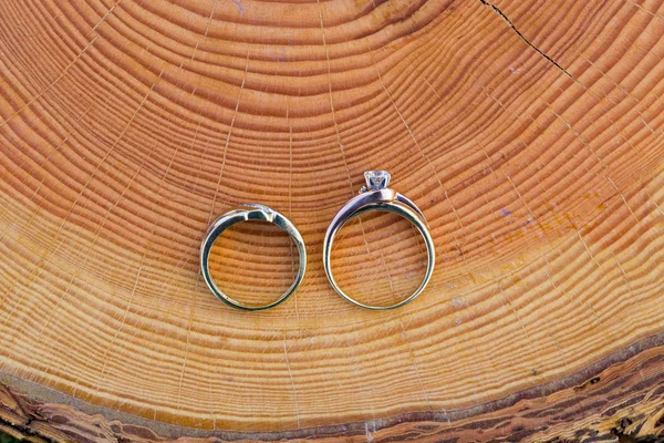 Nevěsta a ženich zlaté snubní prsteny — Stock fotografie