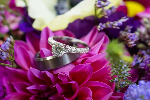 Bruden och brudgummen bröllop ringar på blommor — Stockfoto