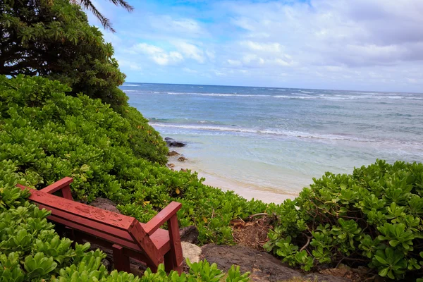 하와이 오아후 섬에 욕조 비치를 내려다 보이는 빨간 벤치 — 스톡 사진