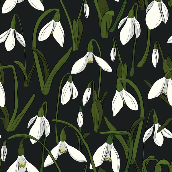 Květinový Botanický Vzor Prvními Jarními Květy Snowdrops Bezproblémový Vzor Ručně Stock Vektory