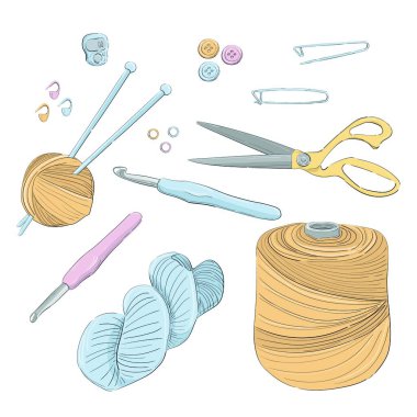 Bir takım örgü nesneleri. İğneler, düğmeler, iğneler, iplik, makas. El çizimi vektör illüstrasyonu