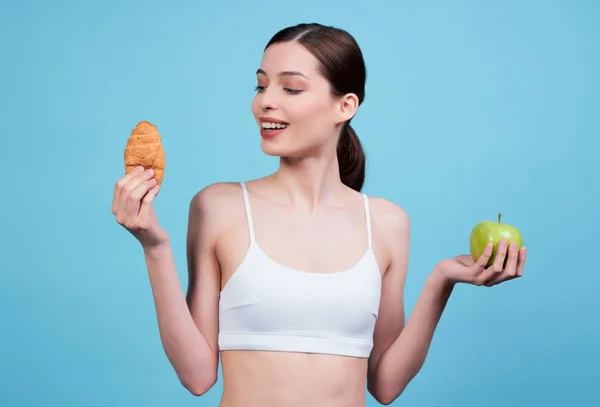 Charming Nice Young Sports Girl White Top Holds Green Apple — Stock Photo, Image