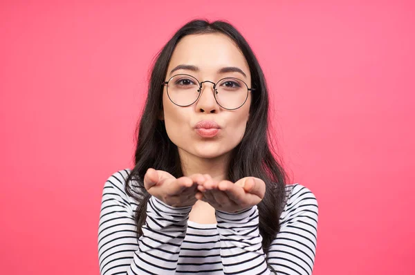 Studio Shot Happy Cheerful Woman Wearing Striped Jumper Denim Sundress — Stock Photo, Image