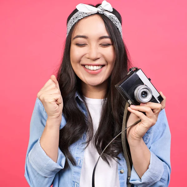 Joyful Happy Young Asian Girl Denim Clothes Posing Retro Camera — Stock Photo, Image